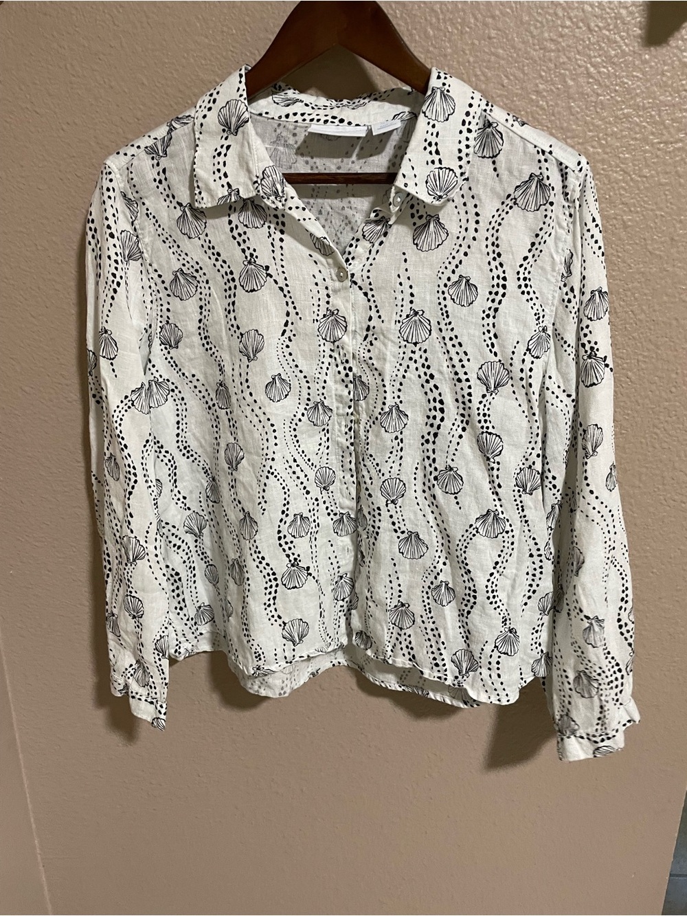 Martha Stewart linen White Button-Down Shell Print Shirt